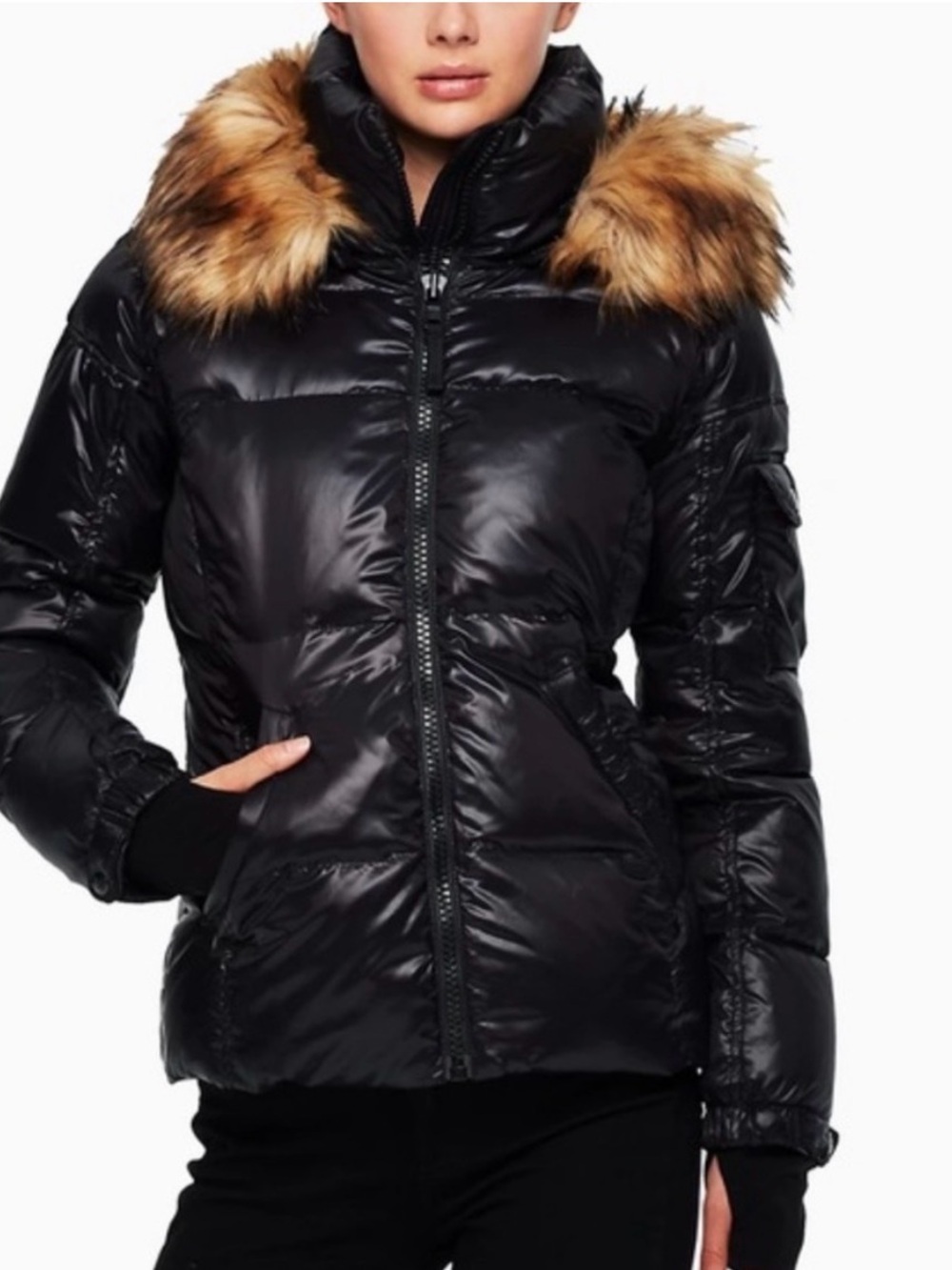S13 Allie Kylie Glossy Black Down Puffer Jacket Medium cozy winter snow shiny